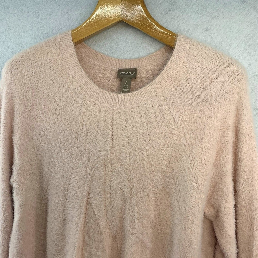 Chico's Lt Pink Eyelash Knit Crewneck Sweater Womens L Fuzzy Soft Girl Coquette